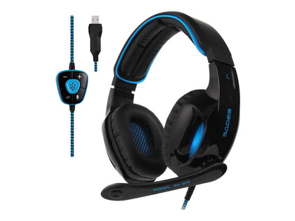 Sades New Version SA902 Blue 7.1 Channel Virtual USB Surround Stereo Wired PC Gaming Headset Over Ear Headphones