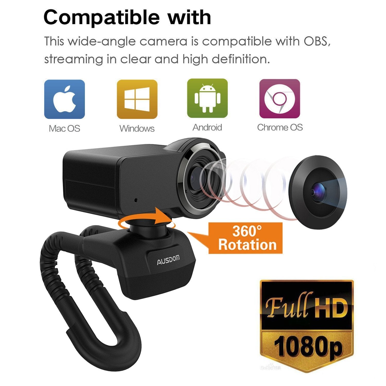 Ausdom HD Streaming Webcam, Widescreen Full HD 1080P